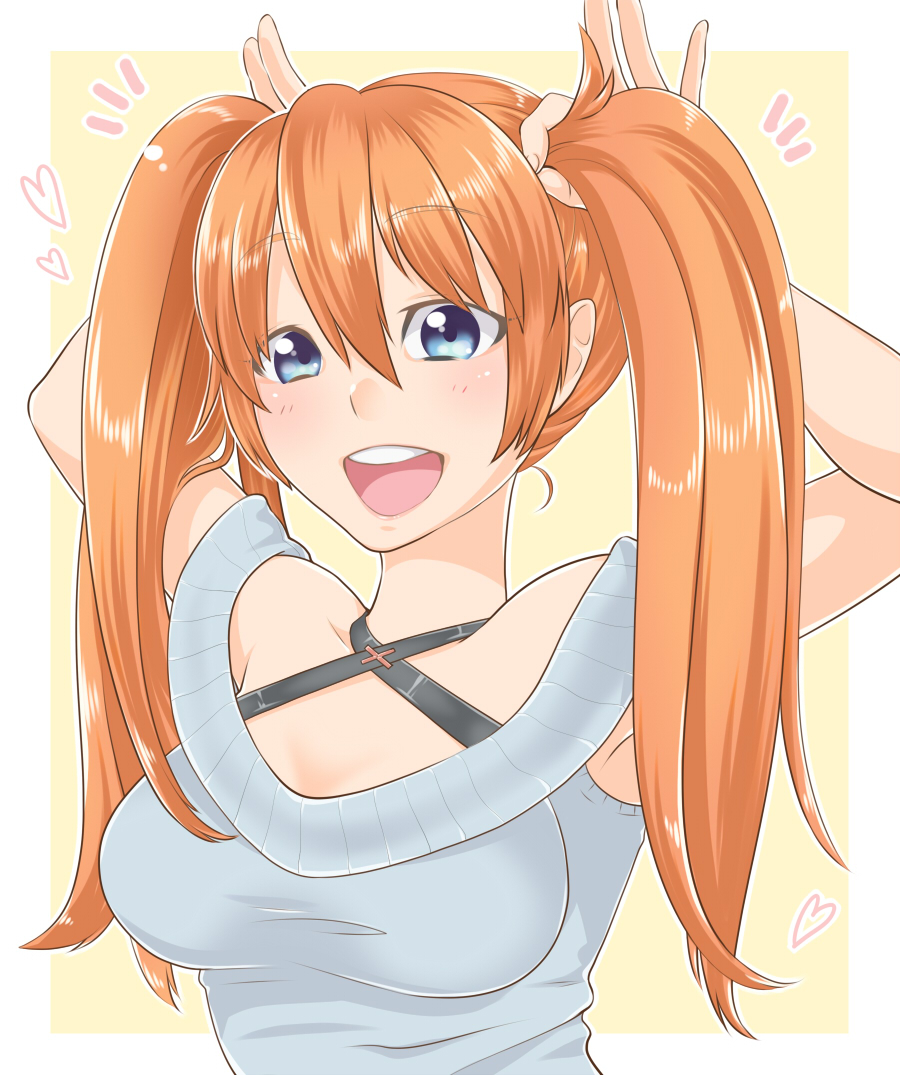 1girl, :d, arms_up, blue_eyes, blush, breasts, female_focus, looking_at_viewer, medium_breasts, mibuchi, open_mouth, orange_hair, original, sleeveless, smile, solo, teeth, twintails, upper_body