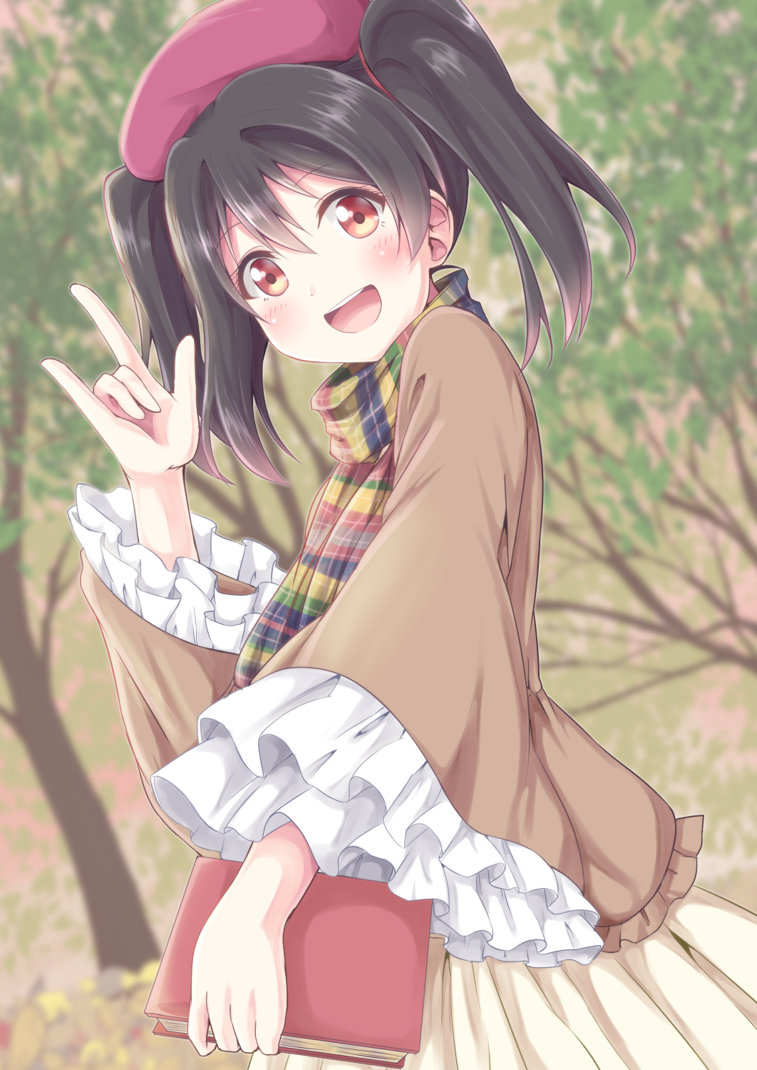 1girl, :d, beret, black_hair, blurry, blurry_background, blush, book