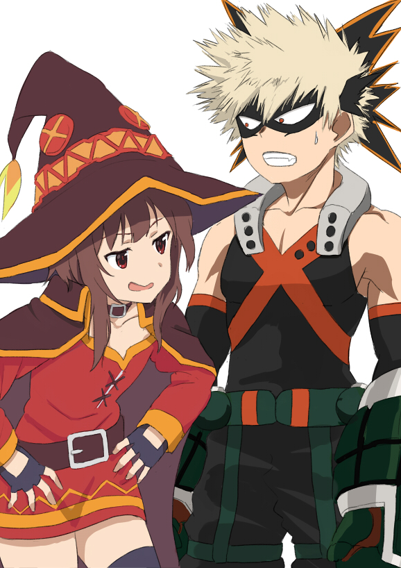 10s, 1boy, 1girl, bakugou_katsuki, bare_shoulders, boku_no_hero_academia, brown_hair, cape, choker, clenched_teeth, crossover, domino_mask, dress, elbow_gloves, explosive, eye_mask, fingerless_gloves, fuyube_gin_(huyube), gloves, grenade, half-closed_eyes, hat, kono_subarashii_sekai_ni_shukufuku_wo!, looking_at_another, mask, megumin, pants, power_connection, red_eyes, short_hair_with_long_locks, silver_hair, simple_background, smile, spiked_hair, strapless, strapless_dress, sweatdrop, tank_top, teeth, thighhighs, trait_connection, tube_dress, white_background, witch_hat