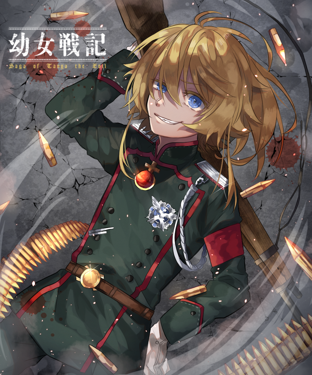 10s, 1girl, aiguillette, arm_up, armband, assault_rifle, belt, black_pants, blonde_hair, blood, blood_on_wall, blue_eyes, brown_belt, buttons, cartridge, colored_eyelashes, commentary_request, copyright_name, cowboy_shot, crack, cracked_wall, double-breasted, dutch_angle, english_text, female_focus, glint, gloves, green_jacket, grin, gun, hair_between_eyes, half-closed_eye, hand_on_own_hip, highres, holding, holding_gun, holding_weapon, iyo_(nanaka-0521), jacket, long_sleeves, looking_at_viewer, magazine_(weapon), medal, military, military_uniform, over_shoulder, pants, rifle, short_hair, smile, smirk, solo, standing, tanya_degurechaff, uneven_eyes, weapon, weapon_over_shoulder, white_gloves, youjo_senki
