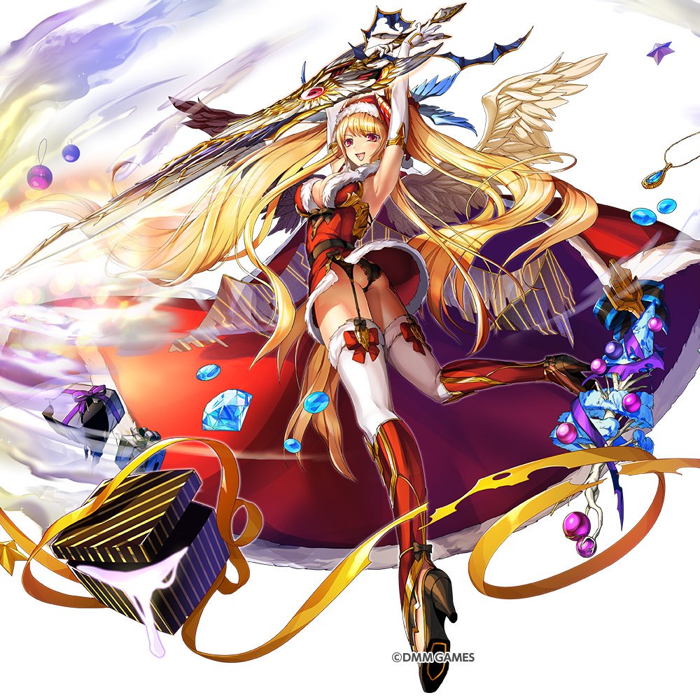 armor, armpits, arms_up, black_wings, blonde_hair, box, breasts, cape, christmas, christmas_ornaments, christmas_tree, cleavage, company_name, demon_girl, demon_horns, dmm, elbow_gloves, fur_trim, garter_straps, gem, gift, gift_box, gloves, greaves, hat, head_wings, high_heels, holding, holding_sword, holding_weapon, horns, huge_weapon, image_sample, jewelry, kamihime_project_r, large_breasts, long_hair, miniskirt, necklace, open_box, ornate, panties, pantyshot, piercing, ribbon, santa_costume, santa_hat, satan_(kamihime), skirt, sleeveless, sword, thighhighs, tongue, tongue_out, tongue_piercing, torn_ribbon, twintails, twitter_sample, underwear, weapon, white_wing, wings