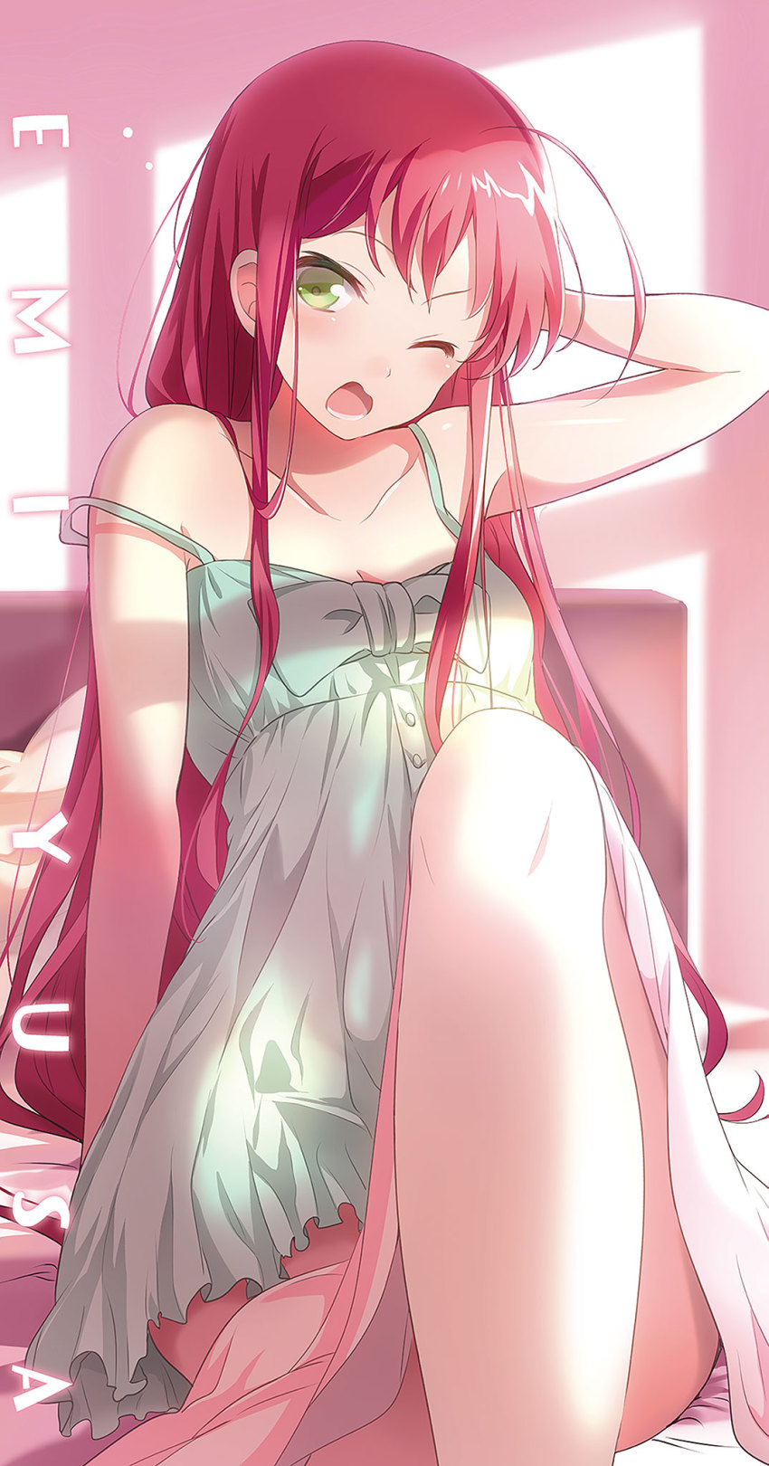 029, 1girl, ahoge, green_eyes, hataraku_maou-sama!, highres, looking_at_viewer, novel_illustration, official_art, open_mouth, red_hair, yusa_emi