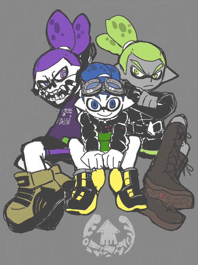 3boys, bandana, bandana_over_mouth, blue_hair, covered_mouth, dark-skinned_male, dark_skin, goggle-kun_(splatoon)