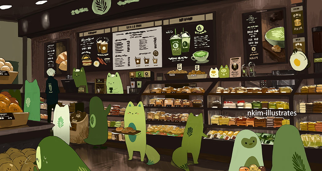 artist_name, bakery, bread, cafe, food, fox, multiple_others, nadia_kim, original, scenery, shop