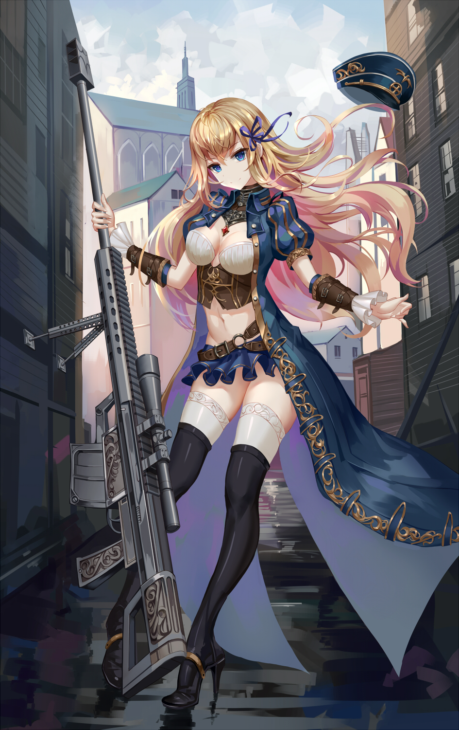 1girl, aaeru, anti-materiel_rifle, barrett_m82, black_thighhighs, blonde_hair, blue_eyes, blue_hat