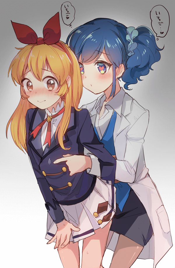 2girls, aikatsu!, aikatsu!_(series), arm_behind_back, blonde_hair, blue_eyes, blue_hair, blush