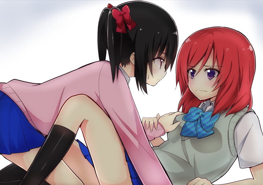 bad_id, bad_pixiv_id, black_hair, black_socks, blue_bow, blue_skirt, blush, borupikka