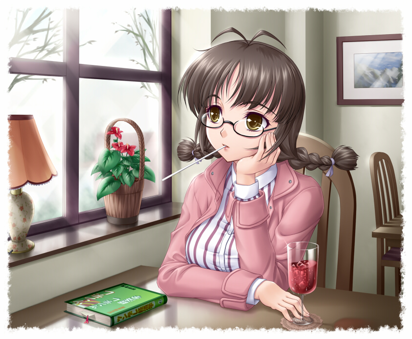 00s, 1girl, akizuki_ritsuko, amane_(funfun), antenna_hair, braid, brown_eyes, brown_hair