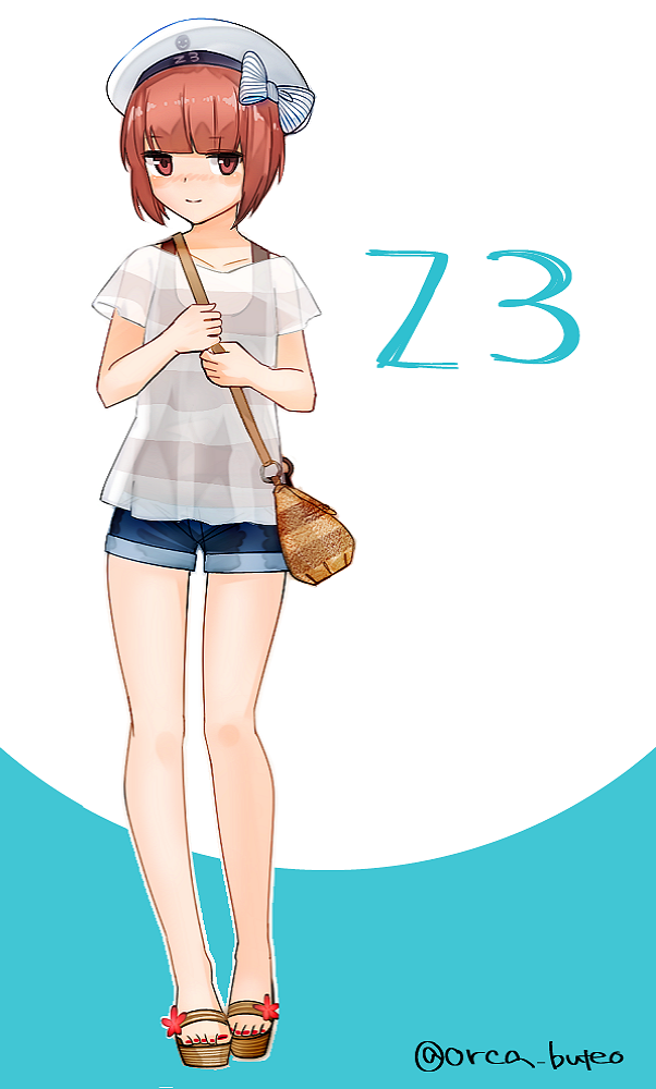 10s, 1girl, bag, bikini, blouse, blue_shorts, blush, brown_eyes, brown_hair, casual, character_name, denim, denim_shorts, female_focus, hat, kantai_collection, looking_at_viewer, nail_polish, platform_footwear, sailor_bikini, sailor_collar, sailor_hat, sandals, shirt, shoes, short_shorts, shorts, solo, standing, toeless_footwear, toenail_polish, toenails, twitter_username, white_hat, white_shirt, wide_strap_sandals, yamashichi_(mtseven), z3_max_schultz_(kancolle)