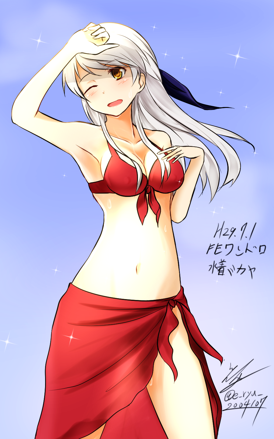 1girl, alternate_costume, arm_up, bikini, bikini_top_only, blue_background, blush, breasts