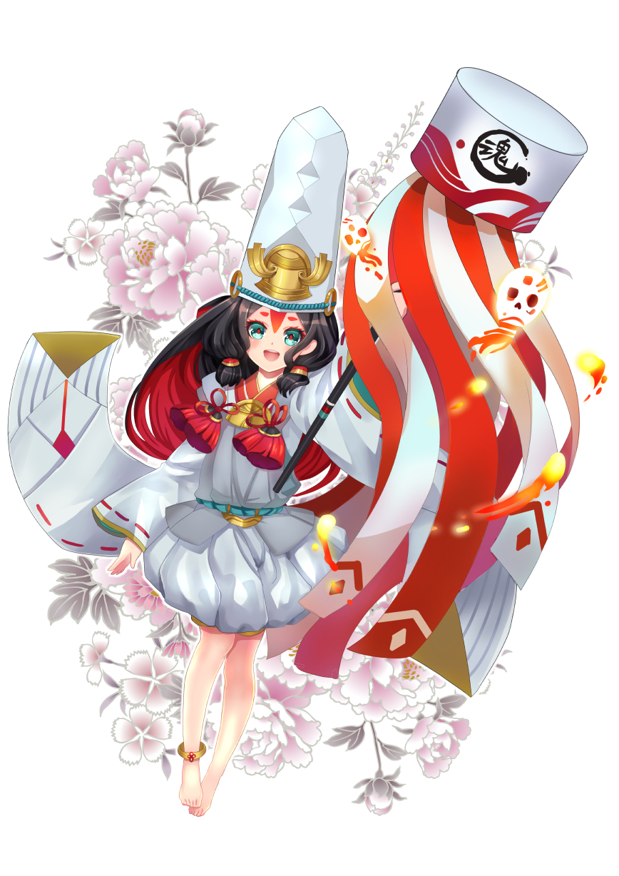 :d, androgynous, anklet, aqua_eyes, barefoot, black_hair, ensei, flower