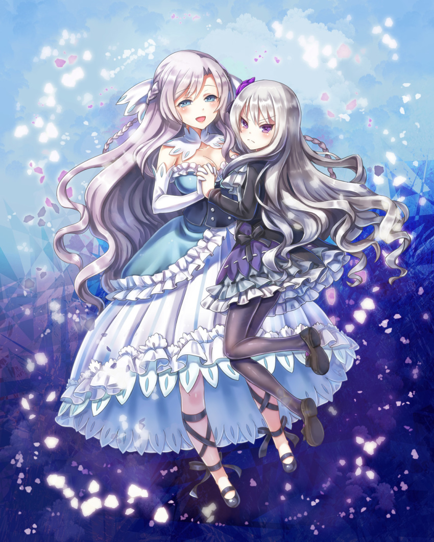2girls, :d, black_dress, black_footwear, black_legwear, blue_dress, blue_eyes, braid, breasts, bridal_gauntlets, cleavage, dress, ensei, frilled_dress, frills, frown, gloves, gothic_wa_mahou_otome, holding_hands, highres, long_hair, looking_at_viewer, looking_back, medium_breasts, multiple_girls, open_mouth, pantyhose, plumeria_(gothic_wa_mahou_otome), purple_eyes, purple_hair, rosalie_(gothic_wa_mahou_otome), shoes, silver_hair, smile, white_gloves