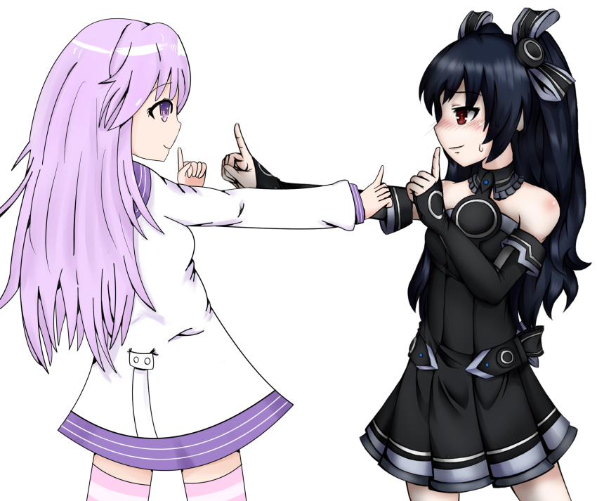 2girls, bare_shoulders, black_hair, breasts, d-pad, elbow_gloves, eye_contact, female_focus, gloves, hair_ornament, highres, koi_dance, long_hair, looking_at_another, medium_breasts, multiple_girls, nepgear, neptune_(series), purple_eyes, purple_hair, red_eyes, twintails, two_side_up, uni_(neptunia), verniy_misaki, yuri