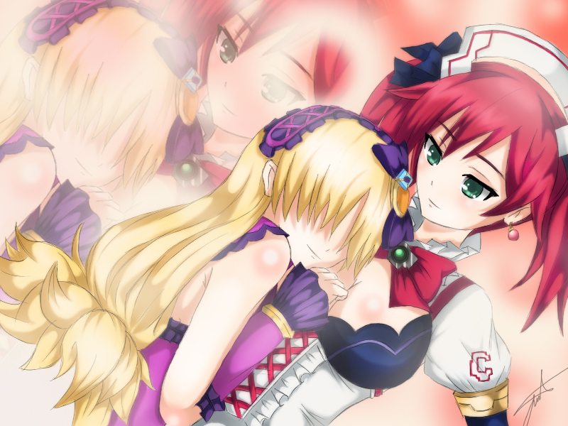2girls, blonde_hair, breasts, cave_(neptunia), cleavage, faceless, faceless_female, female_focus