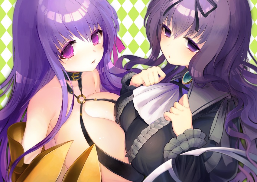 10s, 2girls, asymmetrical_docking, bare_shoulders, belt_collar, breast_press, breasts, cleavage, collar, crossover, dress, fate/extra, fate/extra_ccc, fate_(series), gigantic_breasts, halterneck, huge_breasts, kirie_nozomi, multiple_girls, murasaki_(senran_kagura), o-ring, o-ring_top, parted_lips, passionlip_(fate), pink_eyes, purple_eyes, purple_hair, ribbon, senran_kagura, strap, symmetrical_docking, trait_connection, wavy_hair