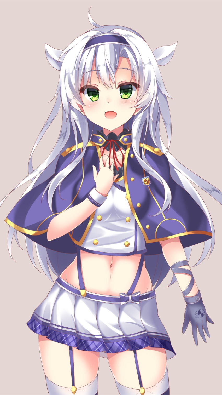 10s, 1girl, alzano_school_uniform, blush, capelet, contrapposto, cowboy_shot, crop_top, fang, garter_straps, gloves, green_eyes, hairband, hand_on_own_chest, highres, kouzuki_fukurou, long_hair, looking_at_viewer, midriff, miniskirt, navel, open_mouth, pleated_skirt, rokudenashi_majutsu_koushi_to_akashic_record, school_uniform, silver_hair, single_glove, sistine_fibel, skirt, smile, standing, thighhighs, zettai_ryouiki