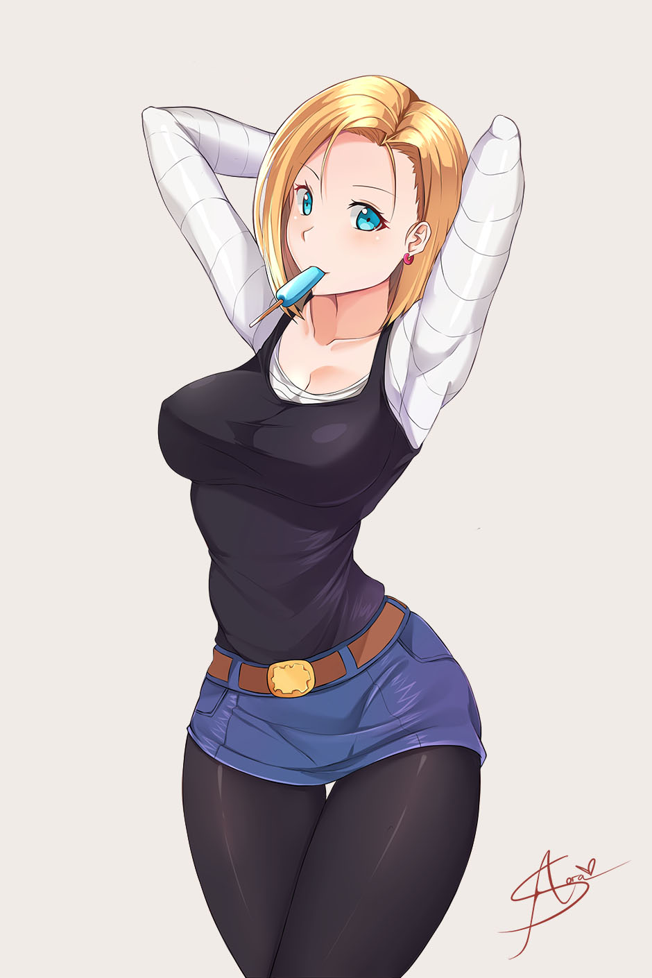 1girl, android_18, armpits, arms_behind_head, arms_up, azuran0, belt, black_pantyhose