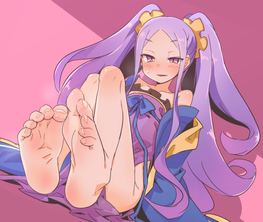 1girl, assassin_of_the_nocturnal_castle, bare_legs, bare_shoulders, barefoot, collarbone, fate/grand_order, fate_(series), feet, female_focus, foot_focus, japanese_clothes, kimono, long_hair, long_sleeves, off_shoulder, pink_eyes, purple_eyes, purple_hair, raigou, scrunchie, sitting, smile, soles, solo, toe_scrunch, toes, twintails, very_long_hair, wide_sleeves, wu_zetian_(fate), wu_zetian_(first_ascension)_(fate)
