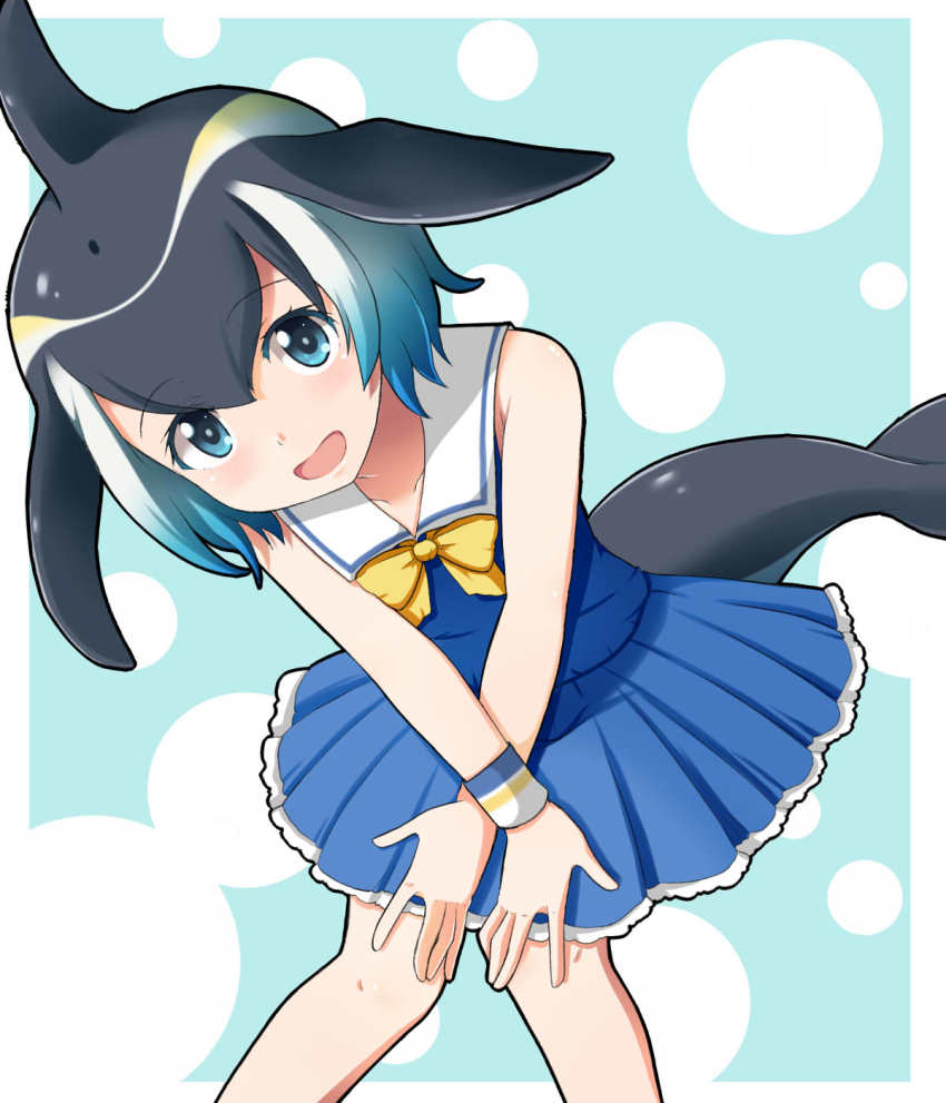 10s, 1girl, bare_shoulders, black_hair, blonde_hair, blue_eyes, blue_hair, blush, bow, bowtie, cetacean_tail, common_dolphin_(kemono_friends), dolphin_ears, female_focus, fins, fish_tail, head_fins, highres, kemono_friends, mono_(mono60), multicolored_hair, open_mouth, sailor_collar, solo, tail, white_hair