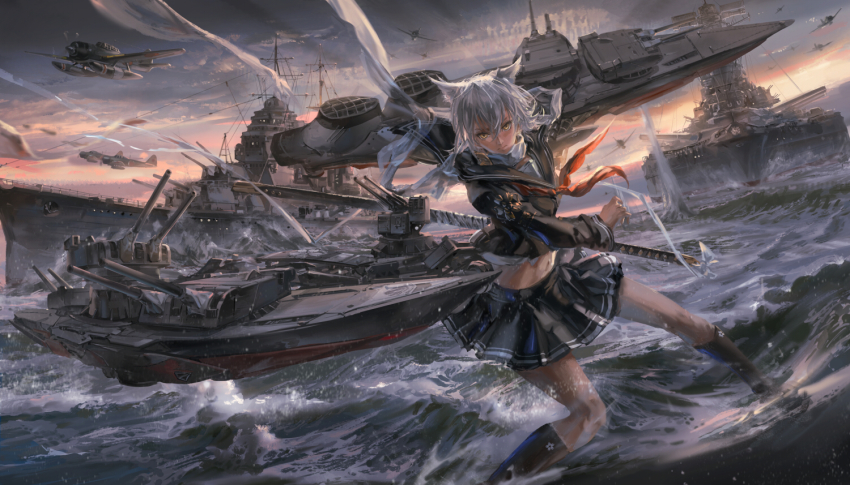 1girl, aircraft, airplane, animal_ears, azur_lane, black_boots, black_skirt, boat, boots, female_focus, historical_name_connection, knee_boots, long_sleeves, looking_at_viewer, maya_(azur_lane), maya_(bilan_hangxian), military_vehicle, name_connection, navel, neckerchief, propeller_fighter, red_neckerchief, short_hair, skirt, solo, stu_dts, thighs, water, watercraft, white_hair, yellow_eyes