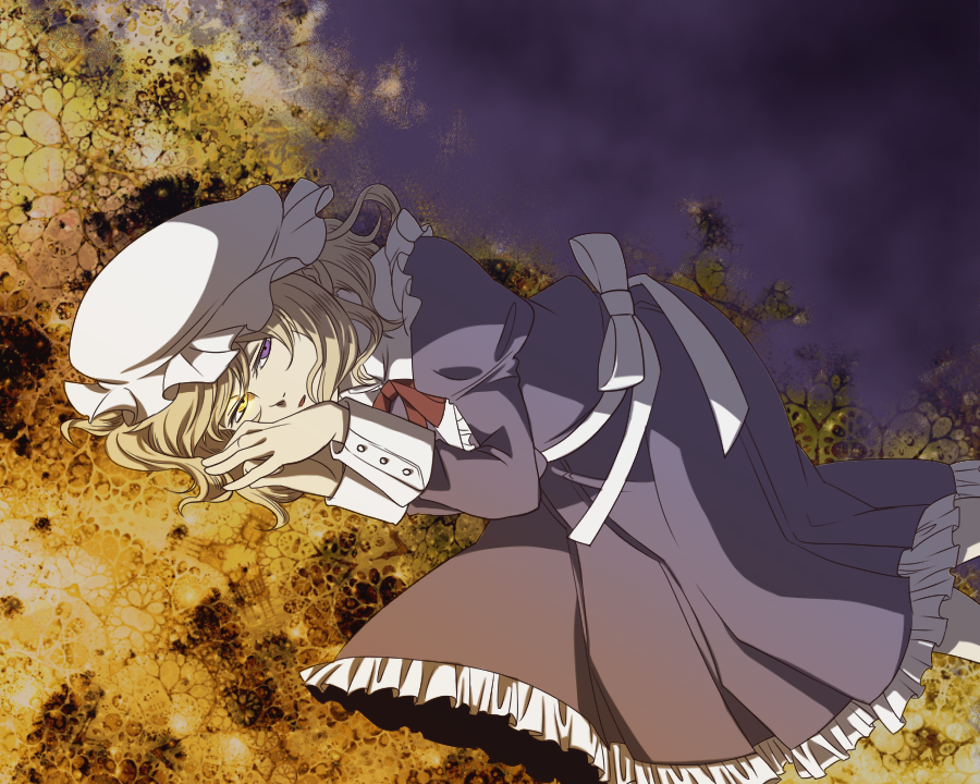 1girl, artist_request, blonde_hair, dress, expressionless, female_focus, fetal_position, glowing, glowing_eye, hat, heterochromia, looking_at_viewer, lying, maribel_hearn, mob_cap, purple_dress, purple_eyes, sakana44, short_hair, solo, touhou, yellow_eyes