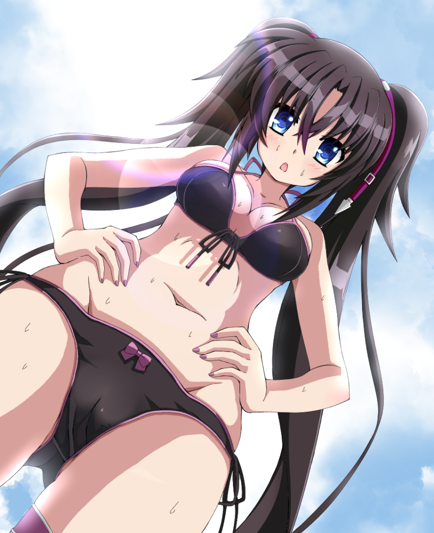1girl, azumaya_(miyui001), bikini, black_bikini, black_hair, blue_eyes, breasts, cameltoe