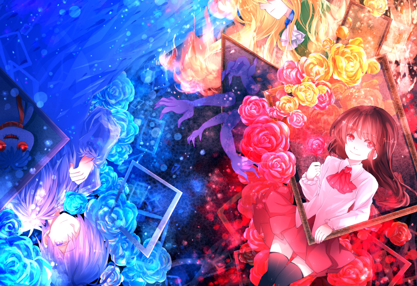 1boy, 2girls, ascot, blonde_hair, blue_flower, blue_hair, blue_rose, brown_hair