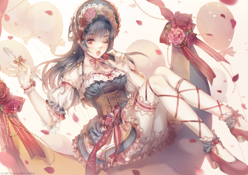 10s, 1girl, ;o, ankle_lace-up, ankle_strap, balloon, blue_hair, bonnet, chinstrap, corset, detached_sleeves, dress, female_focus, flower, food, frilled_dress, frilled_sleeves, frilled_thigh_strap, frills, fruit, high_heels, holding, holding_spoon, lace, long_hair, love_live!, love_live!_school_idol_festival, love_live!_sunshine!!, lucia_(biblyoteka), one_eye_closed, petals, pink_flower, pink_rose, purple_eyes, purple_flower, purple_rose, red_flower, red_rose, ribbon, ribbon-trimmed_dress, ribbon_trim, rose, sitting, solo, spoon, strawberry, striped_ribbon, thigh_strap, tsushima_yoshiko, wristband