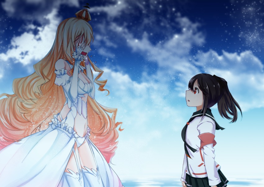 2girls, armband, bare_shoulders, black_hair, black_neckerchief, black_skirt, blonde_hair, blue_sky