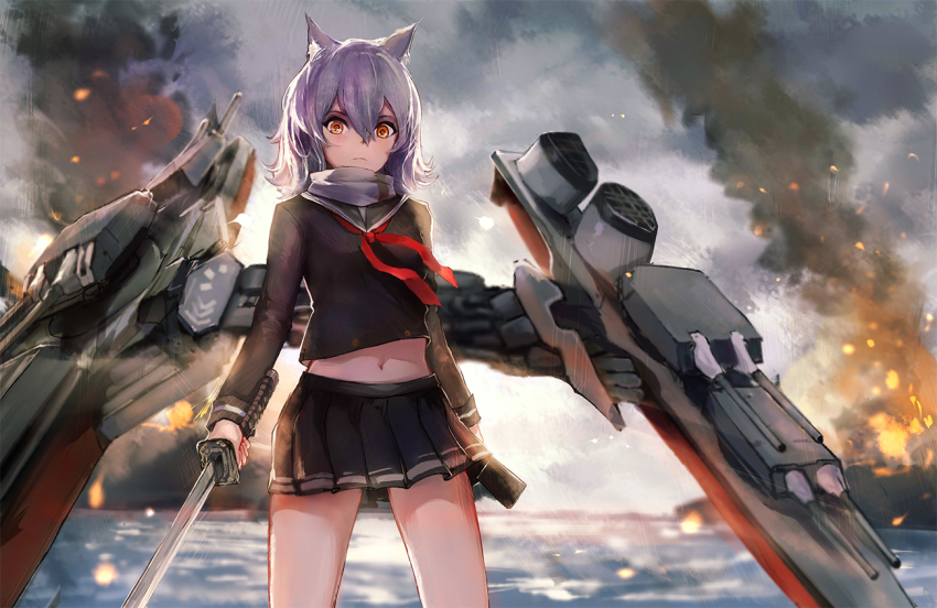 1girl, animal_ears, azur_lane, black_skirt, blush, fire, grey_hair, holding, holding_sword, holding_weapon, looking_at_viewer, maya_(azur_lane), maya_(bilan_hangxian), navel, neckerchief, orange_eyes, red_neckerchief, short_hair, sishenfan, skirt, sword, weapon