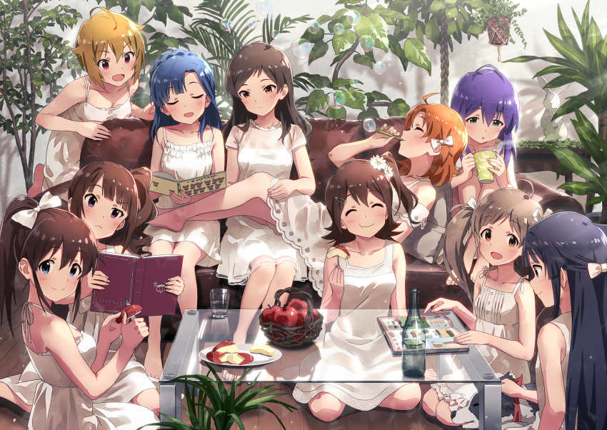 10s, 6+girls, ^_^, ahoge, apple, apple_rabbit, bandana, bandana_around_neck, bare_shoulders, barefoot, basket, black_hair, blowing, blue_eyes, blue_hair, book, border_collie, bottle, bow, braid, breasts, brown_eyes, brown_hair, bubble, blowing_bubbles, closed_eyes, collarbone, commentary_request, couch, cup, dog, dress, drink, drinking_glass, eating, feet, flower, food, food_art, fruit, hair_bow, hair_flower, hair_ornament, hairclip, hakozaki_serika, hand_on_another's_thigh, highres, holding, holding_book, ibuki_tsubasa, idolmaster, idolmaster_million_live!, junior_(idolmaster), kasuga_mirai, kitazawa_shiho, leaning_on_person, legs_on_another's_lap, long_hair, looking_at_another, looking_at_viewer, looking_back, medium_breasts, mochizuki_anna, mogami_shizuka, multiple_girls, nanao_yuriko, open_book, peeling, pet, ponytail, purple_hair, rabbit, reading, red_eyes, rose, satake_minako, side_ponytail, sitting, small_breasts, smile, soap_bubbles, sonsoso, twintails, wariza, white_bow, white_dress, white_flower, white_rose, yabuki_kana, yokoyama_nao