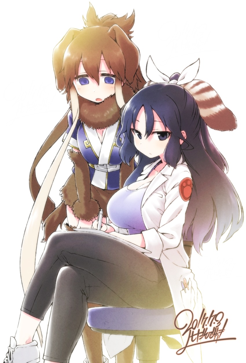 10s, 2girls, alpha_signature, black_eyes, black_hair, blue_eyes, blush, breasts