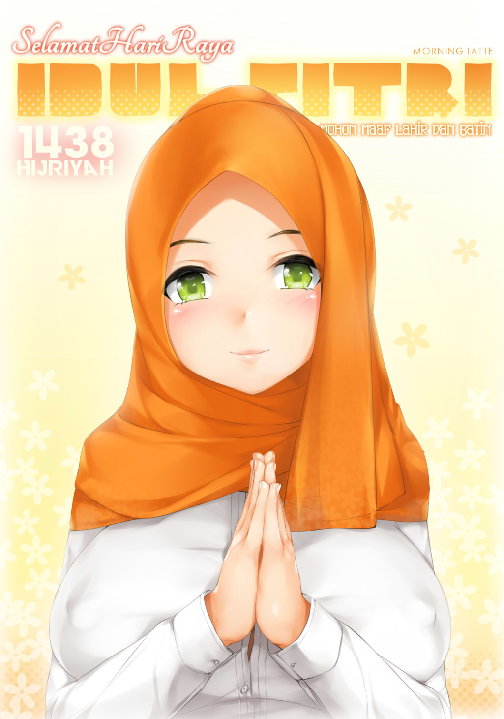 1girl, blush, breasts, covered_erect_nipples, female_focus, green_eyes, highres, hijab, indonesian_text, kopianget, large_breasts, looking_at_viewer, orange_hijab, original, palms_together, shirt, smile, solo, upper_body, yellow_background