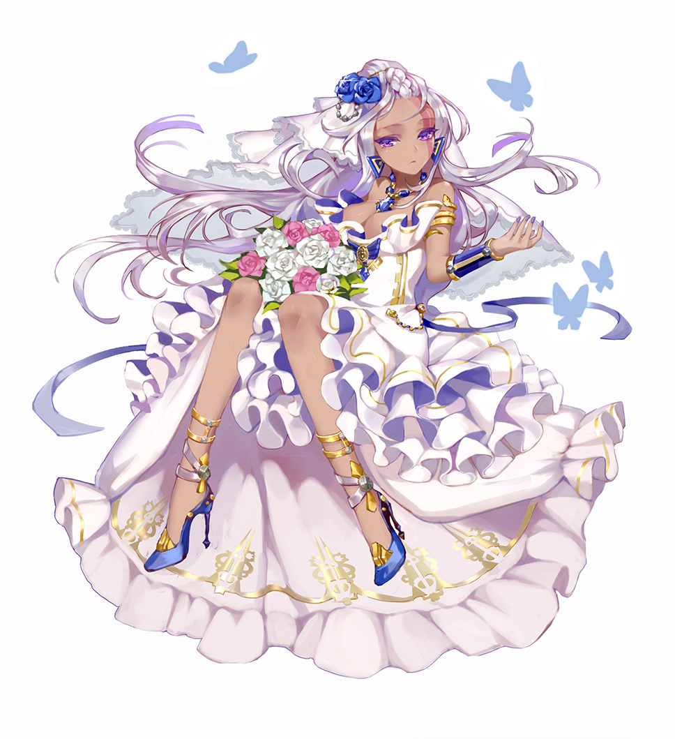 1girl, blue_flowers, blue_footwear, breasts, bug, butterfly, cleavage, d._(ddot2018)