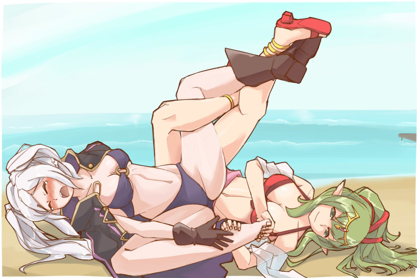 2girls, beach, bikini, blush, breasts, cape, closed_eyes, day, female_robin_(fire_emblem), fire_emblem, fire_emblem:_mystery_of_the_emblem, fire_emblem_awakening, fire_emblem_heroes, gloves, green_eyes, green_hair, hair_ornament, high_heel_sandals, high_heels, hood, jaegan, long_hair, multiple_girls, nintendo, open_mouth, pointy_ears, ponytail, sandals, smile, swimsuit, tiki_(adult)_(fire_emblem), tiki_(fire_emblem), twintails, white_hair, wrestling, yuri