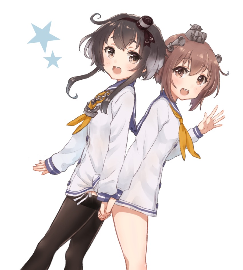 10s, 2girls, :d, anchor, anchor_symbol, artist_name, back-to-back, bare_legs, black_hair, black_legwear, blush, brown_eyes, brown_hair, dress, hat, headgear, highres, holding_hands, kantai_collection, long_sleeves, looking_at_viewer, mini_hat, multicolored_hair, multiple_girls, neckerchief, nuno_(pppompon), open_mouth, orange_neckerchief, panties, pantyhose, sailor_collar, sailor_dress, sailor_hat, school_uniform, serafuku, short_hair, short_hair_with_long_locks, side-tie_panties, sidelocks, smile, star_(symbol), teeth, tied_dress, tokitsukaze_(kancolle), two-tone_hair, underwear, waving, yukikaze_(kancolle)