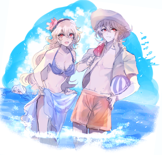 1boy, 1girl, azura_(fire_emblem), beach, bikini, blouse, blush, breasts