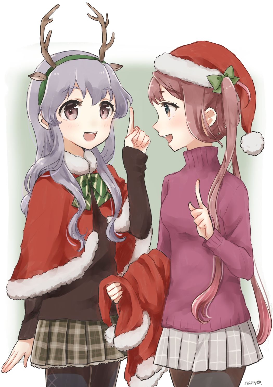 10s, 2girls, :d, animal_ears, antlers, artist_name, asagumo_(christmas)_(kancolle), asagumo_(kancolle)
