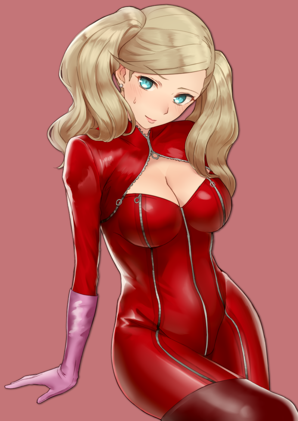 10s, 1girl, blonde_hair, blue_eyes, blush, bodysuit, boots, breasts, cleavage, earrings, female_focus, gloves, highres, jewelry, latex, latex_suit, long_hair, looking_at_viewer, medium_breasts, monotiina, panther_(persona_5), persona, persona_5, pink_background, pink_gloves, red_thighhighs, simple_background, solo, sweatdrop, takamaki_anne, thigh_boots, thighhighs, twintails