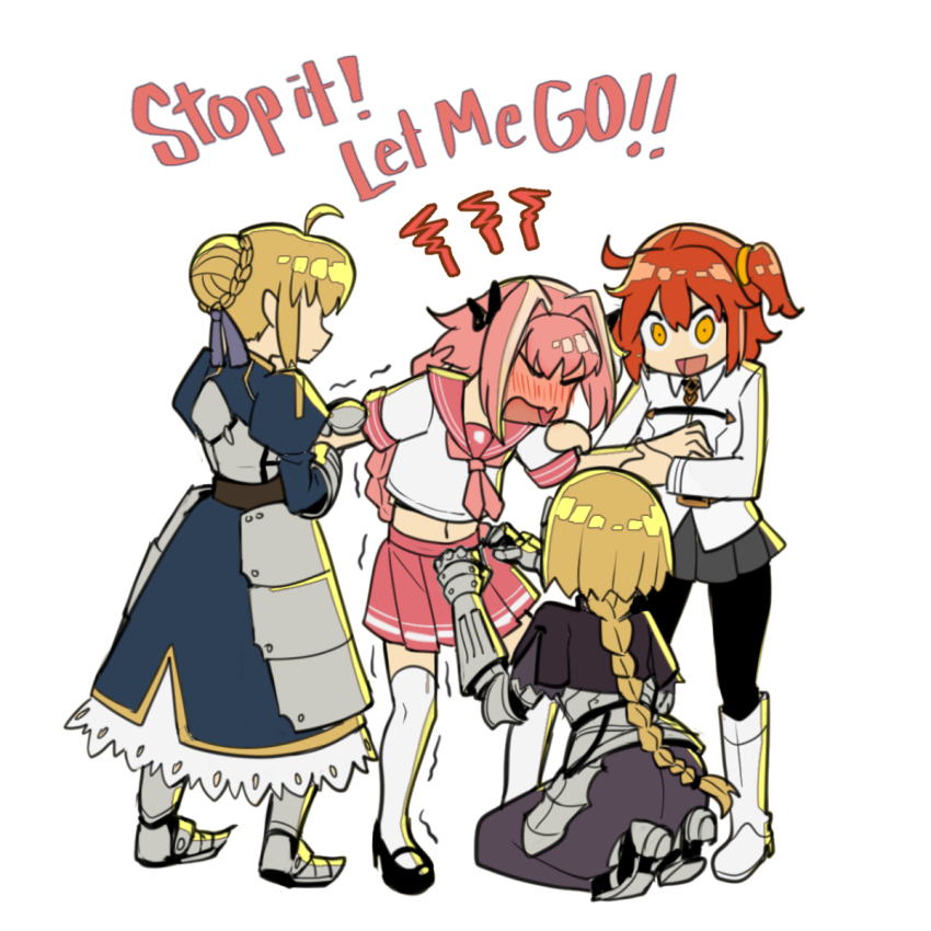 1boy, 3girls, armor, armored_dress, artoria_pendragon_(fate), astolfo_(fate), astolfo_(sailor_paladin)_(fate), blonde_hair