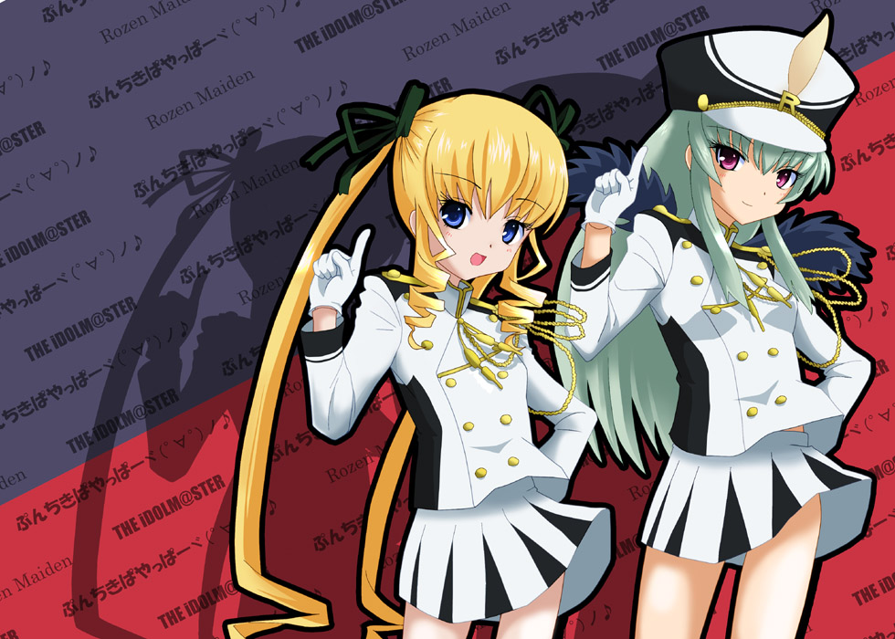 2girls, aqua_hair, azumanga_daiou, band_uniform, blonde_hair, blue_eyes, caipirinha_(meme), cosplay