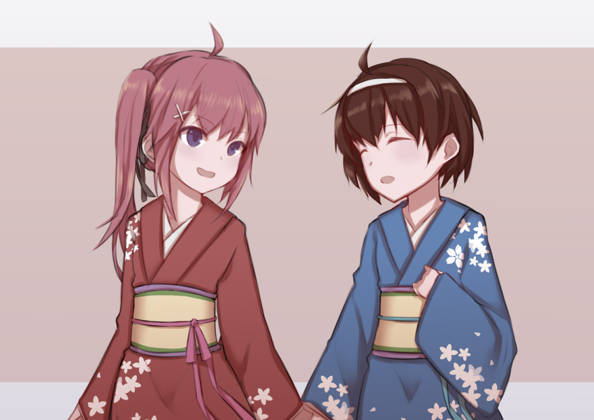 2girls, aged_down, ahoge, alternate_costume, black_hair, black_ribbon, blue_eyes, blue_kimono