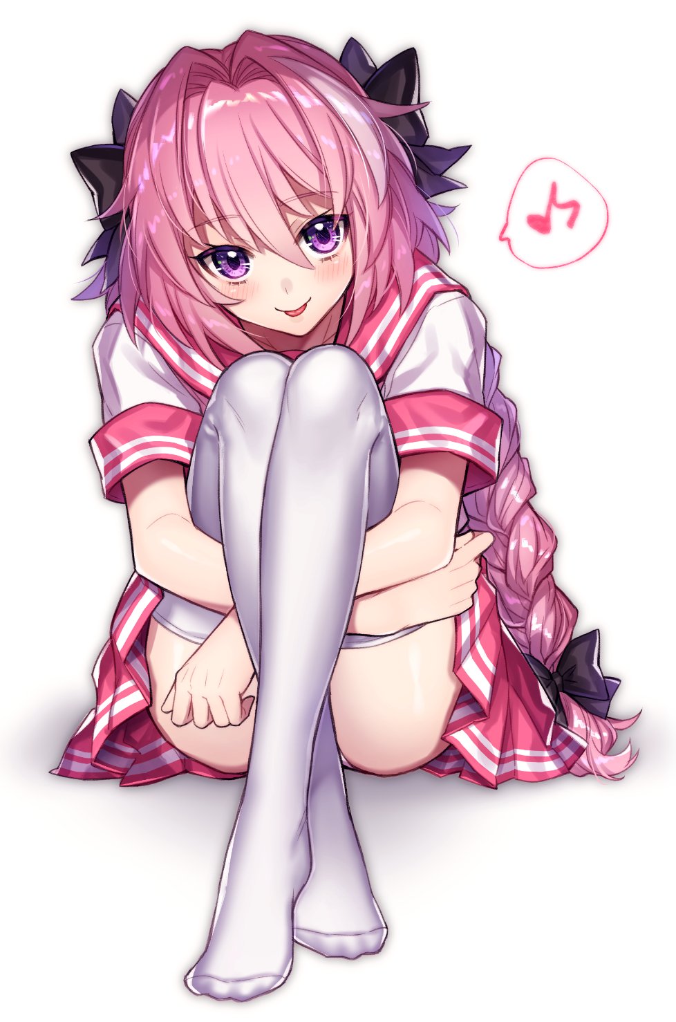 1boy, astolfo_(fate), astolfo_(sailor_paladin)_(fate), blush, braid, fang, fate/apocrypha, fate/grand_order, fate_(series), hair_intakes, hair_ribbon, highres, hugging_own_legs, kiritani846, long_hair, male_focus, official_alternate_costume, pink_hair, ribbon, single_braid, sitting, smile, solo, trap, white_legwear