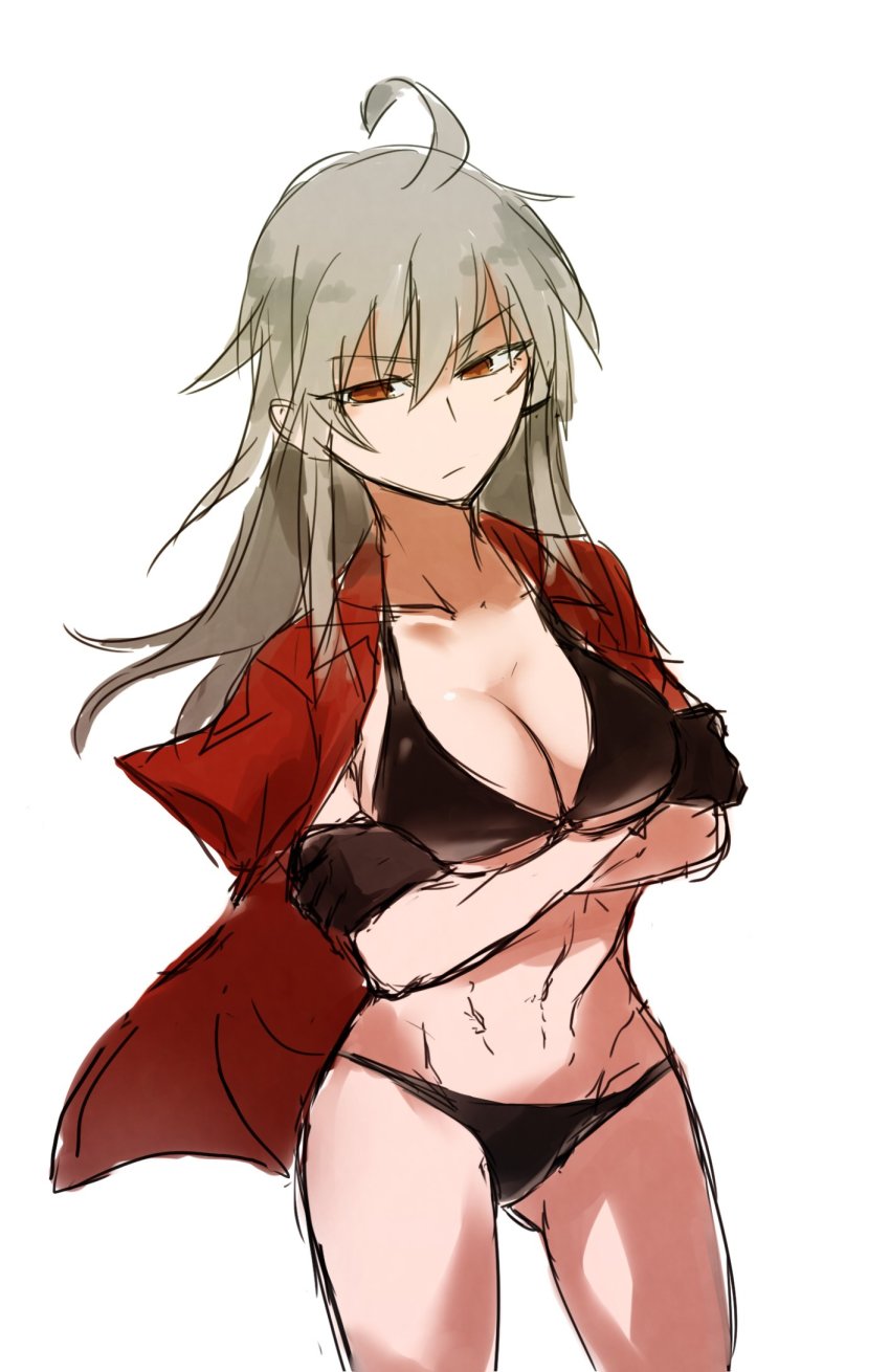 10s, agtt25333, bikini, black_bra, black_gloves, black_panties, bra, gangut_(kancolle), gloves, grey_hair, highres, kantai_collection, long_hair, panties, red_eyes, red_shirt, remodel_(kantai_collection), shirt, swimsuit, underwear, white_background