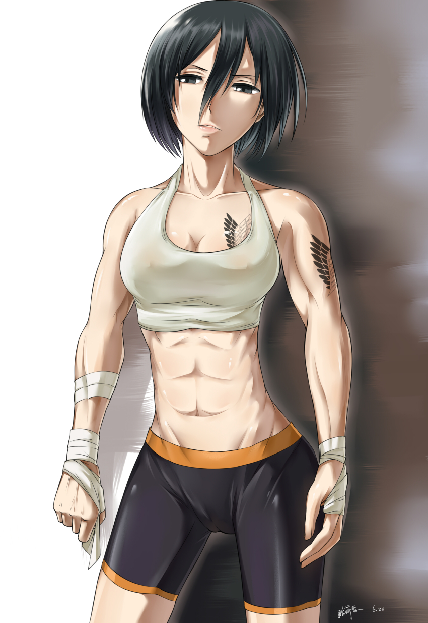 1girl, abs, absurdres, bandaged_arm, bandaged_hand, bandages, bike_shorts, black_eyes