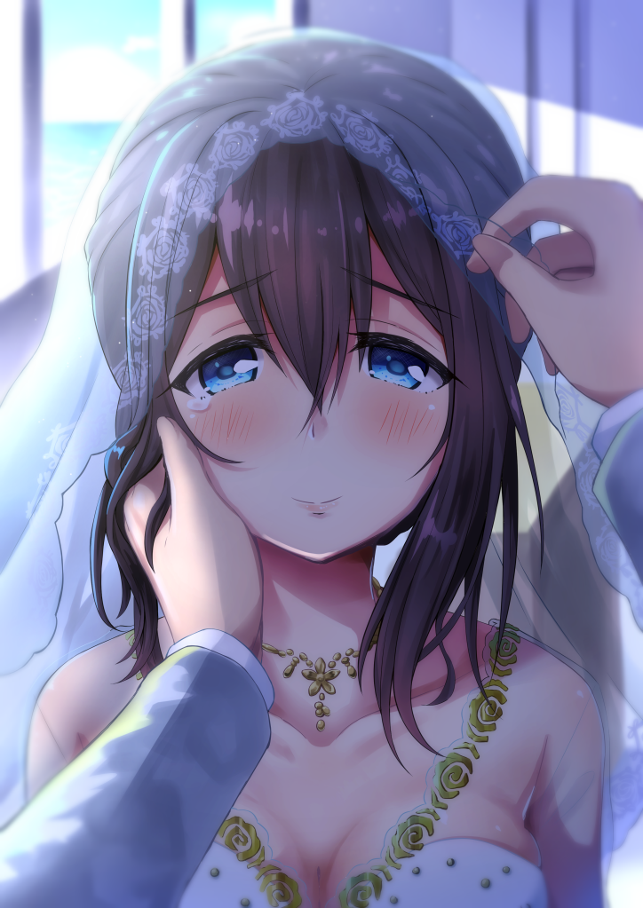 0141zucker, 10s, 1girl, black_hair, blue_eyes, blush, breasts, bridal_veil