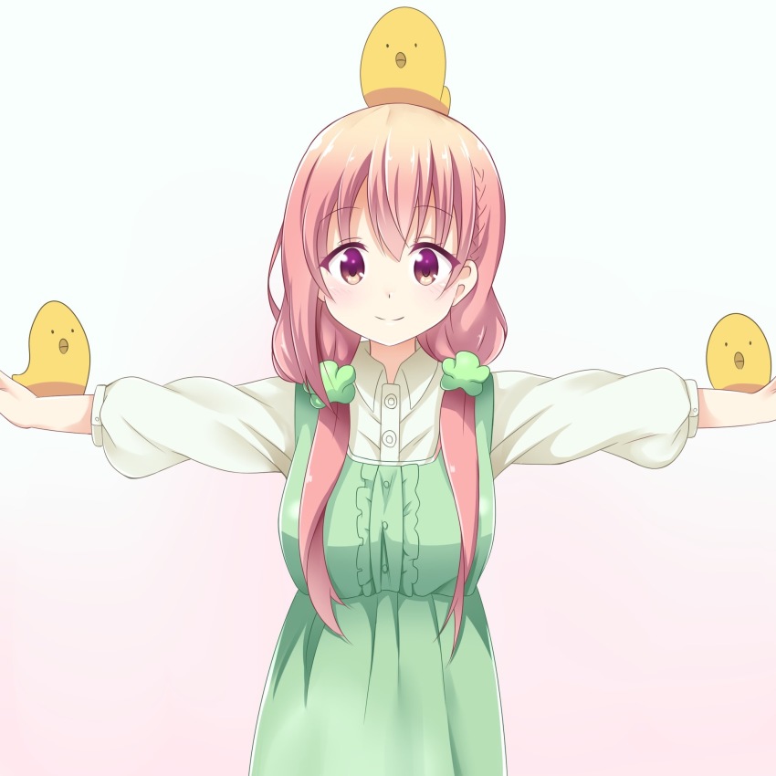 10s, 1girl, baby_animal, bird, brown_eyes, brown_hair, chick, dress