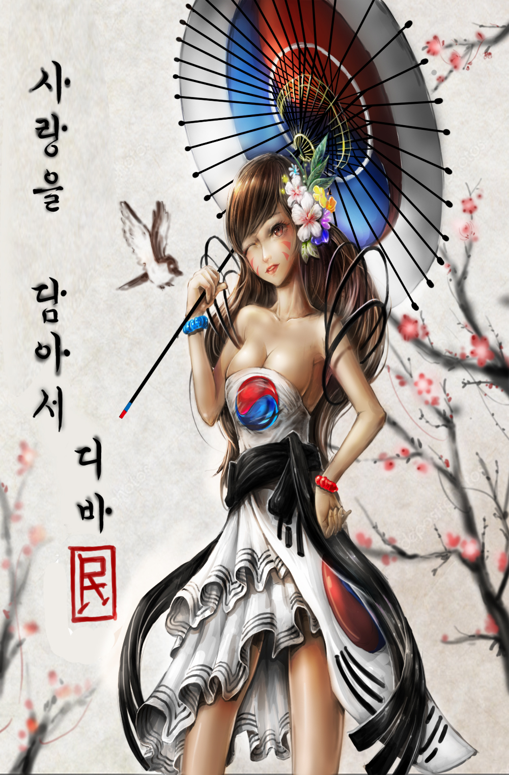 1girl, 931015min, alternate_costume, bare_shoulders, bird, bracelet, branch, breasts, brown_eyes, brown_hair, cherry_blossoms, cleavage, collarbone, cowboy_shot, d.va_(overwatch), dress, facepaint, facial_mark, female_focus, flag_dress, flower, hair_flower, hair_ornament, hand_on_own_hip, head_tilt, highres, holding, holding_umbrella, jewelry, korean_flag, long_hair, looking_at_viewer, medium_breasts, nose, one_eye_closed, overwatch, overwatch_1, parasol, parted_lips, petals, red_lips, sleeveless, sleeveless_dress, smile, solo, translation_request, umbrella, whisker_markings, white_dress