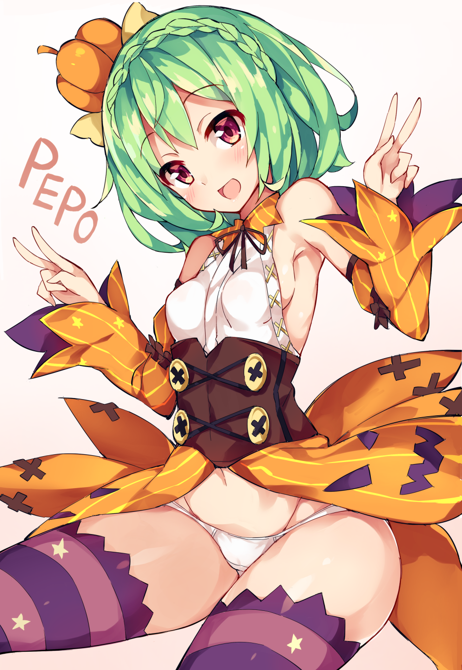 1girl, :d, bare_shoulders, blush, braid, breasts, character_name, commentary_request, corset, crown_braid, detached_sleeves, double_v, dress, female_focus, flower_knight_girl, food-themed_clothes, food-themed_hair_ornament, green_hair, hair_ornament, highres, looking_at_viewer, open_mouth, orange_skirt, panties, pepo_(flower_knight_girl), pumpkin_hair_ornament, purple_thighhighs, red_eyes, short_hair, sideboob, skirt, sleeveless, sleeveless_dress, smile, solo, striped_clothes, striped_thighhighs, thighhighs, unacchi_(nyusankin), underwear, v, white_panties