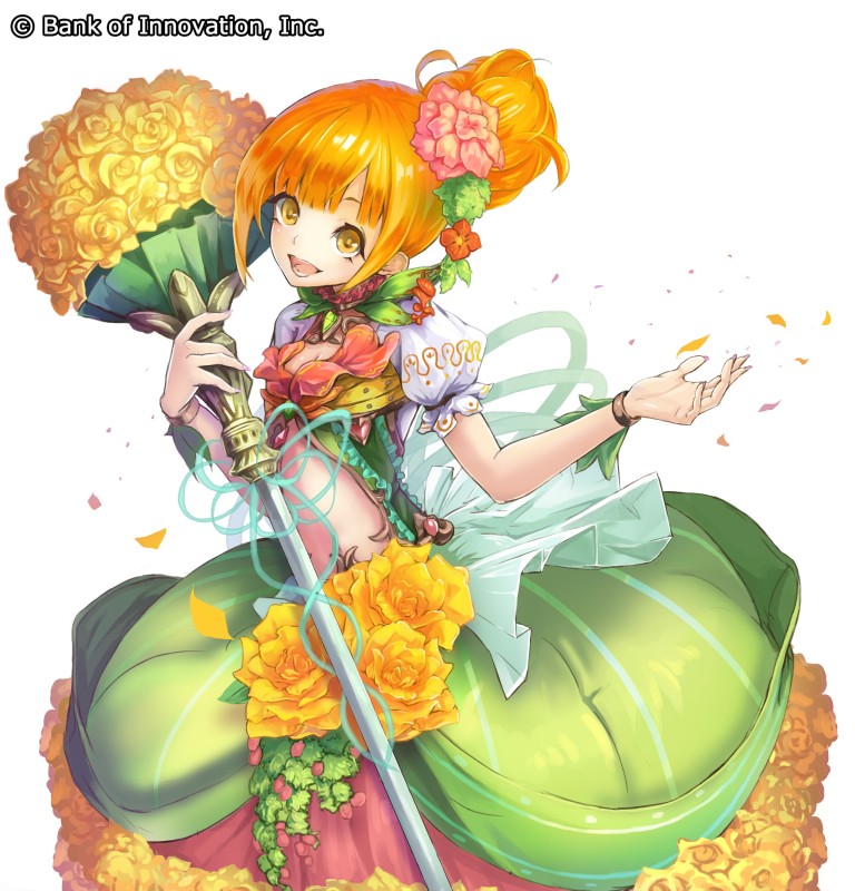 1girl, :d, \||/, bank_of_innovation, blunt_bangs, bouquet, bracelet, cryptract